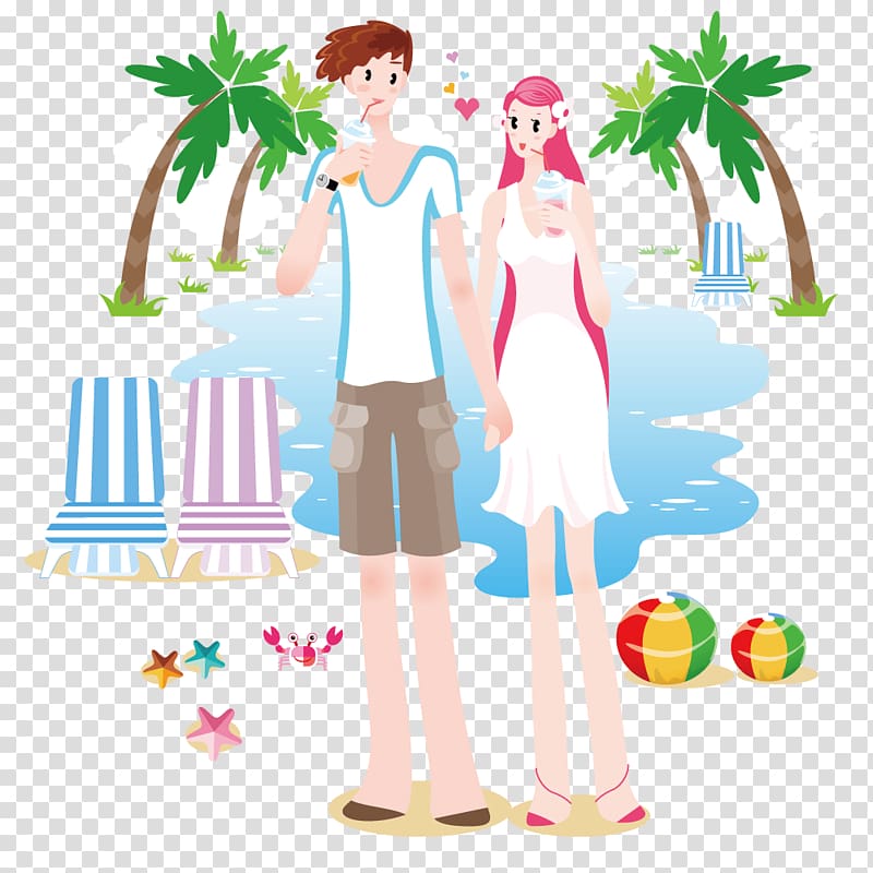 Illustration, In the seaside resort of men and women transparent background PNG clipart