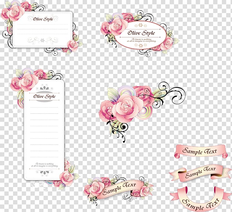 pink roses illustration, Paper Flower Adobe Illustrator, Ribbon card and hand-painted flowers transparent background PNG clipart