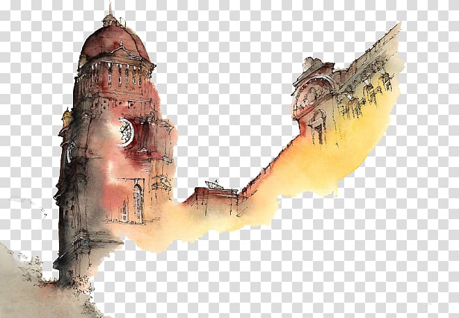 Watercolor painting Drawing Architecture Artist, Rock tower material transparent background PNG clipart