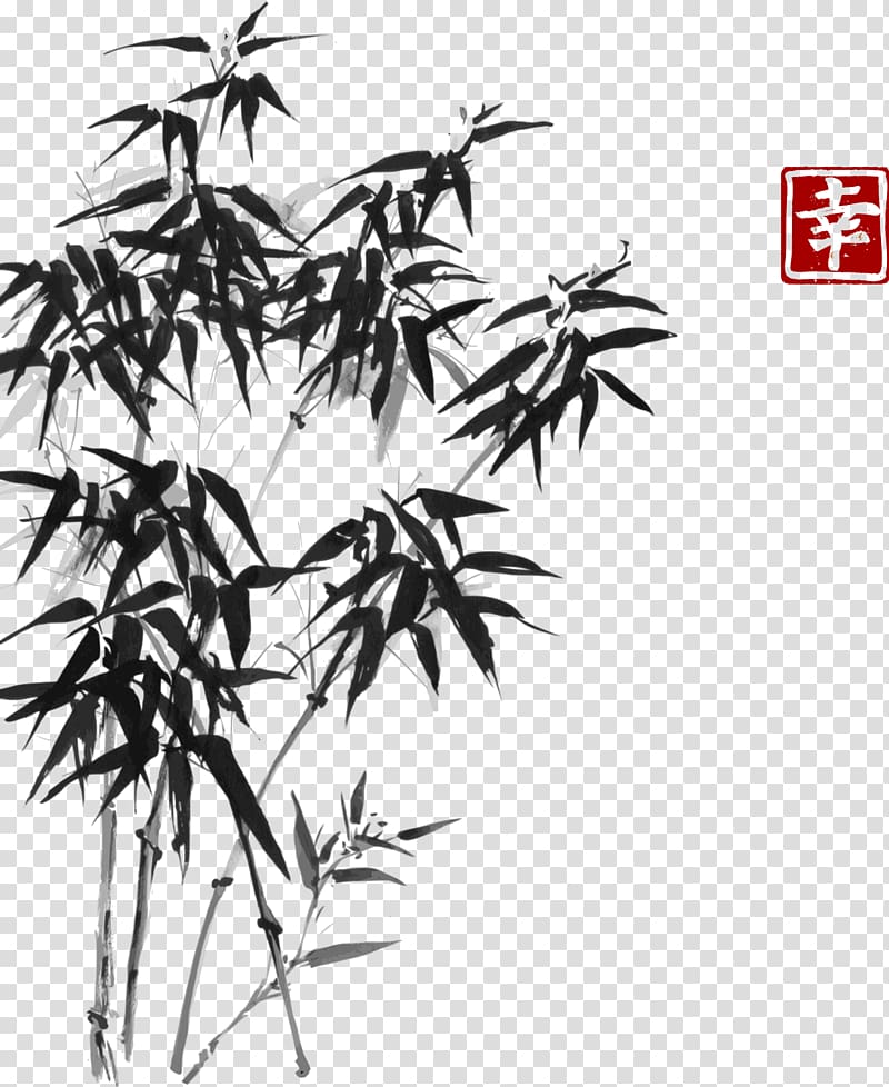 green and black tree illustration, Bamboo painting Ink wash painting Drawing, bamboo hand-painted Chinese style painting transparent background PNG clipart
