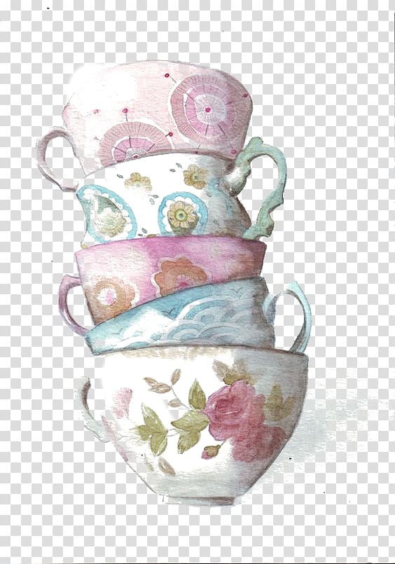 stack of five floral teacups artwork, Teacup Coffee Watercolor painting, Mug transparent background PNG clipart