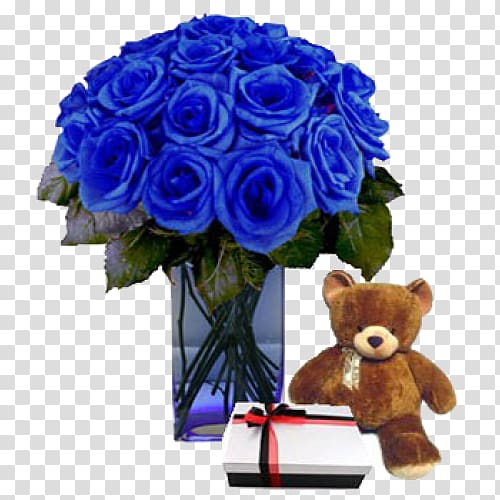 Teddy bear Blue rose Flower, small fresh blue flower box transparent background PNG clipart