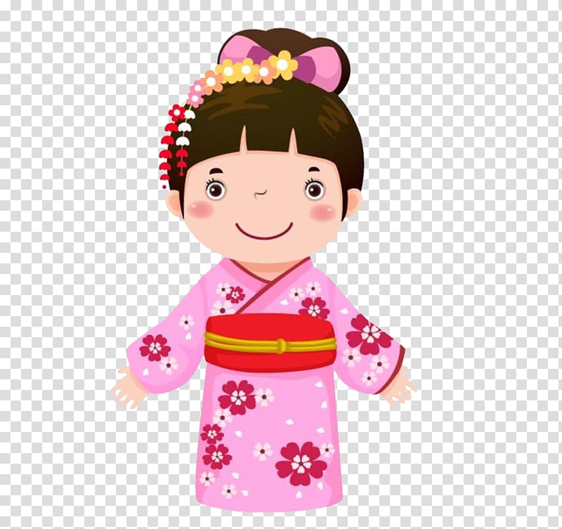 girl wearing pink floral geisha illustration, Japan Kimono Cartoon Child, Japanese woman transparent background PNG clipart