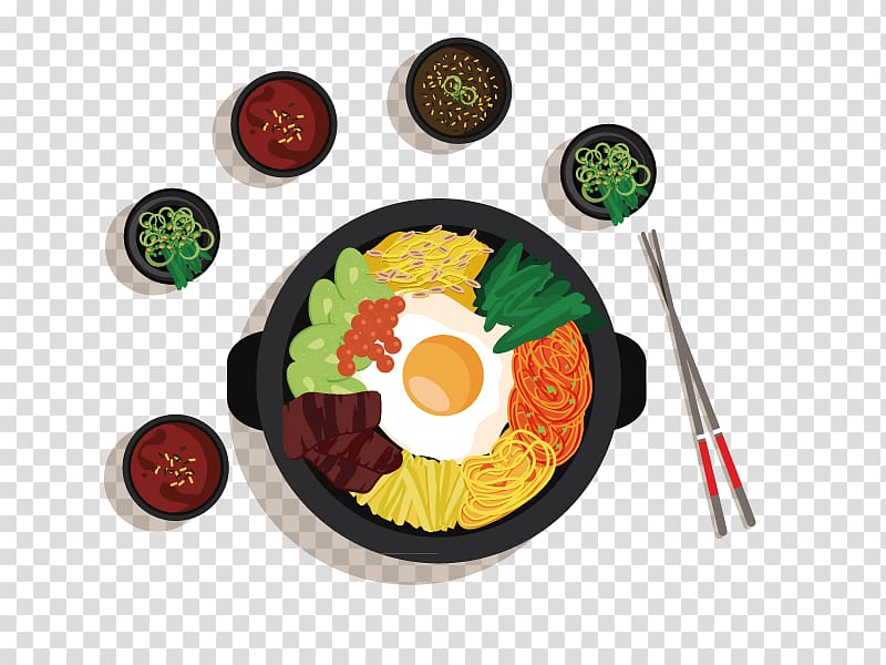 multicolored food art, Korean cuisine Bibimbap Asian cuisine Galbi Chinese cuisine, A table of food transparent background PNG clipart
