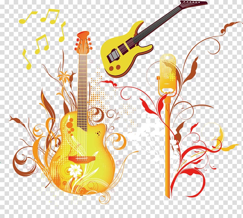 Microphone Acoustic guitar , elements guitar microphone notes transparent background PNG clipart