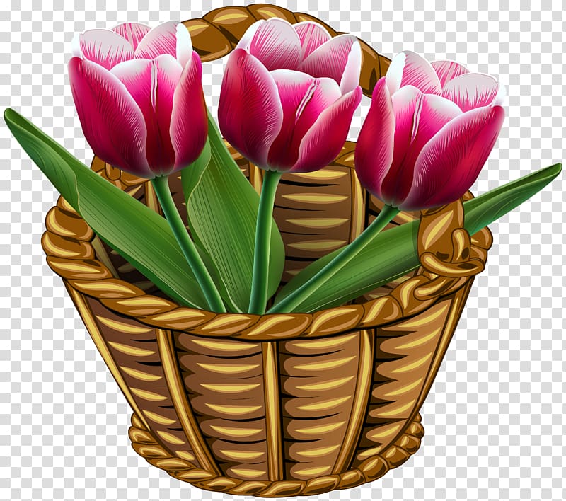 pink roses illustration, Tulip Flower Basket , Basket with Tulips transparent background PNG clipart