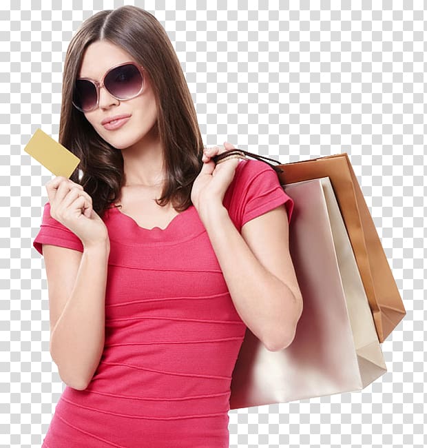 woman holding shopping bags wearing red shirt, Online shopping Shopping Bags & Trolleys Credit card Woman, woman bag transparent background PNG clipart