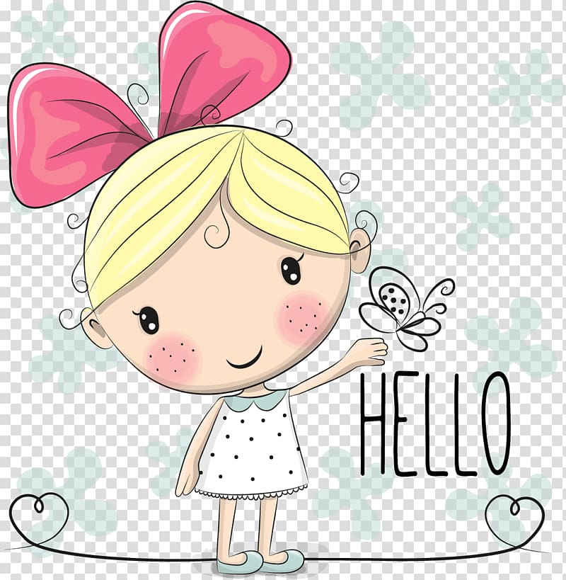 Cartoon Drawing Illustration, Hand drawn cute cartoon girl material, girl with hello text overlay transparent background PNG clipart