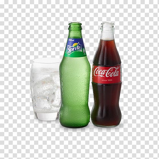 Spirte and Coca-Cola bottles beside drinking glass filled with liquid, Beer Wine cocktail Soft drink Juice, Cola drinks transparent background PNG clipart