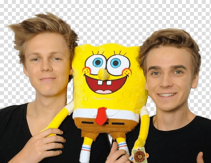 man standing between Spongebob plush toy, Caspar Lee and Joe Sugg Sponge Bob transparent background PNG clipart