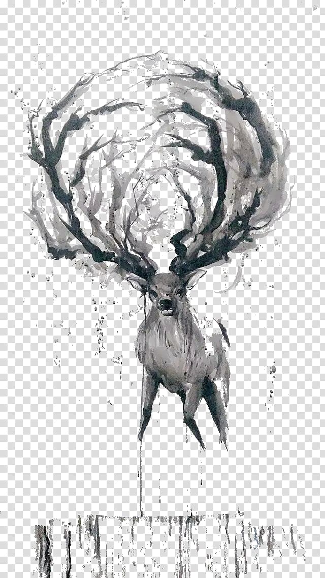 Deer Watercolor painting Ink wash painting Sketch, Creative ink deer hand painted transparent background PNG clipart