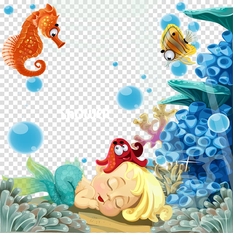 mermaid and fish 3D , Sea Underwater Illustration, Hippocampus and underwater mermaid sleeping material transparent background PNG clipart