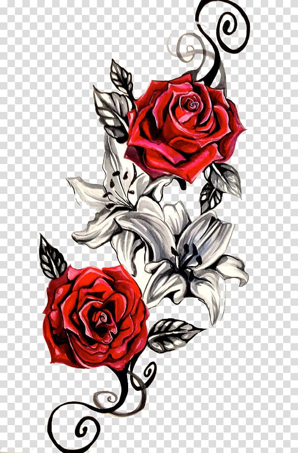 two red and gray roses illustration, Sleeve tattoo , rose transparent background PNG clipart