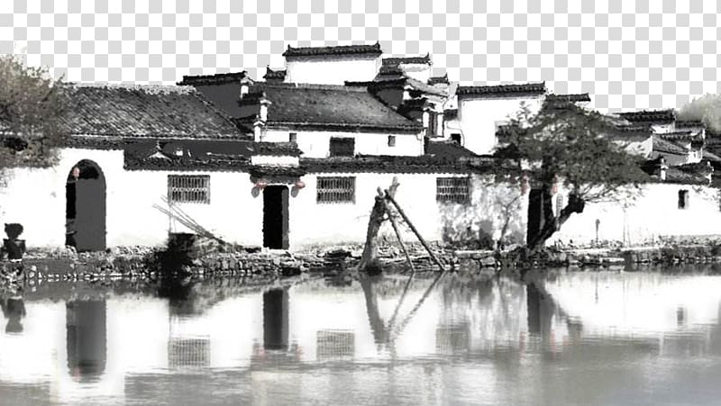 Handan Jiangnan Ink wash painting, The ancient town of white walls transparent background PNG clipart
