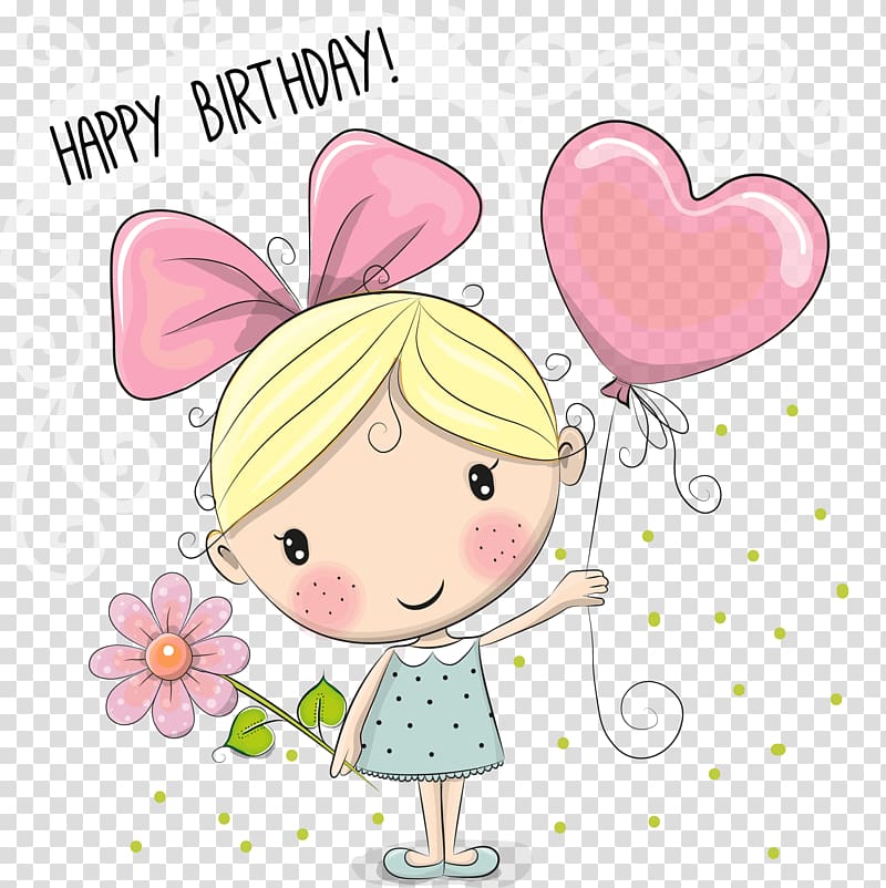 yellow haired girl holding pink heart balloon with text overlay, Birthday Cartoon , little girl playing transparent background PNG clipart