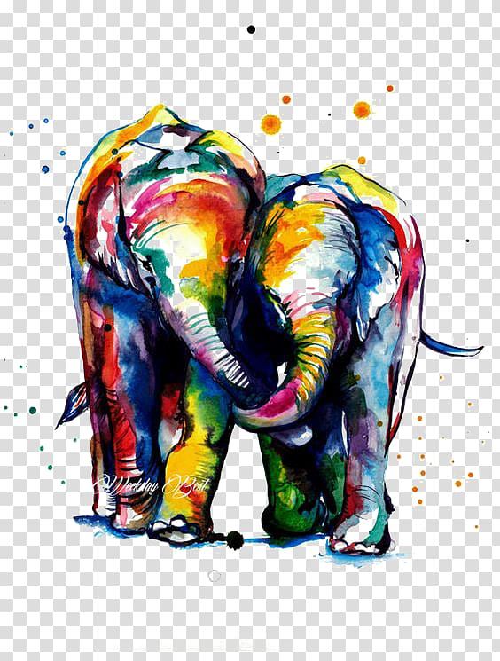 multicolored elephants illustration, Canvas print Watercolor painting Printmaking Printing, Color Elephant transparent background PNG clipart