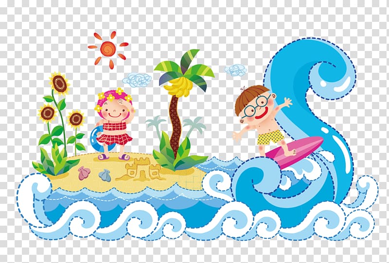 Cartoon Beach Wind wave, Blue ocean beach transparent background PNG clipart