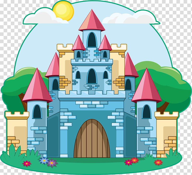 blue and red castle art, Castle Cartoon Drawing Illustration, Fairy tale blue castle transparent background PNG clipart