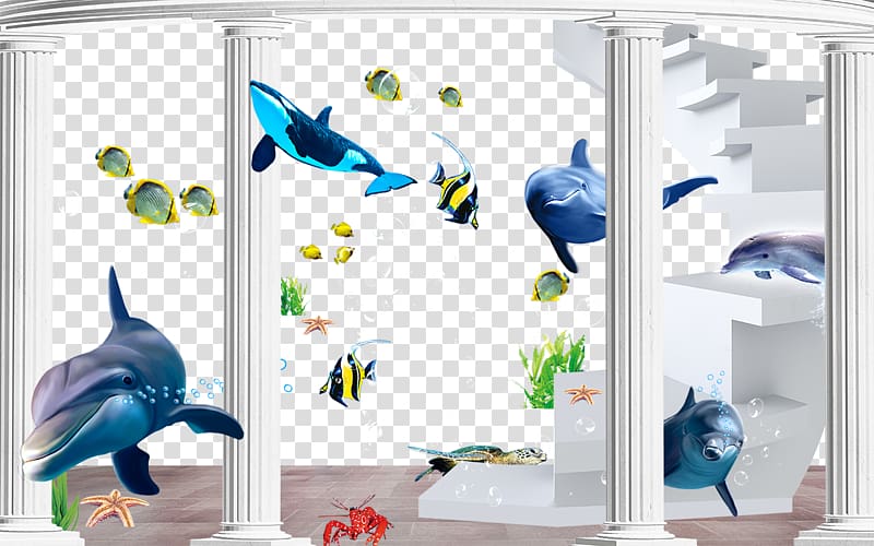 fish and four white columns illustration, Mural Wall Painting , 3D mural transparent background PNG clipart