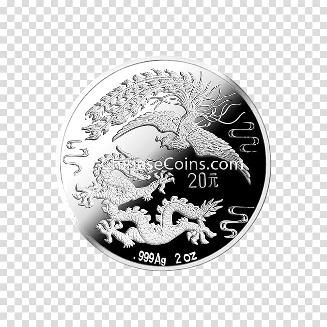 Silver Coin Metallic dragon Fenghuang, silver transparent background PNG clipart