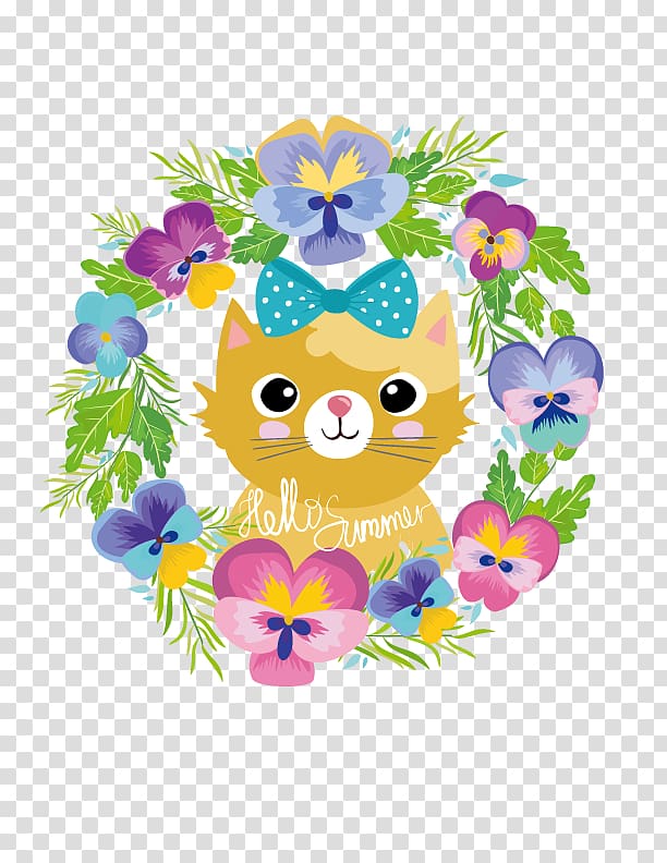 Cat Flower Cartoon, wreath kitten transparent background PNG clipart