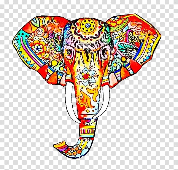 multicolored elephant illustration, Work of art Elephant Drawing Painting, Painted elephant head transparent background PNG clipart