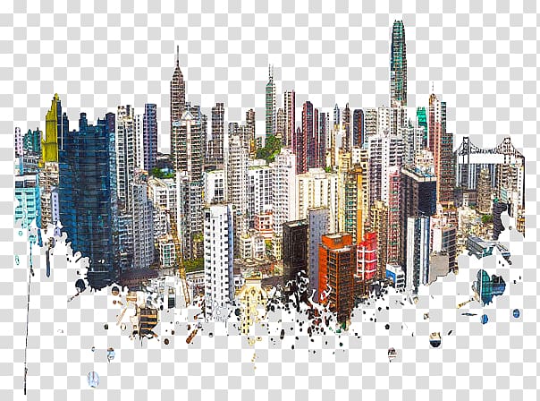 Hong Kong Skyline Watercolor painting Poster Contemporary art, Color City Building, assorted buildings painting transparent background PNG clipart
