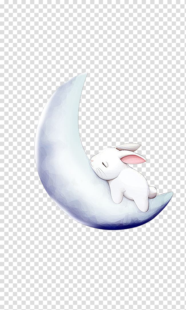 white rabbit sleeping on crescent moon illustration, Leporids Moon Rabbit, Bunny sleeping on the moon transparent background PNG clipart