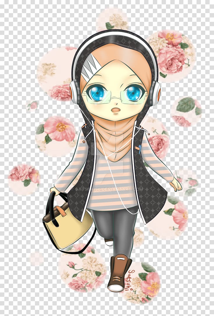female profile wearing headset illustration, Chibi Anime Hijab Muslim Drawing, hijab transparent background PNG clipart