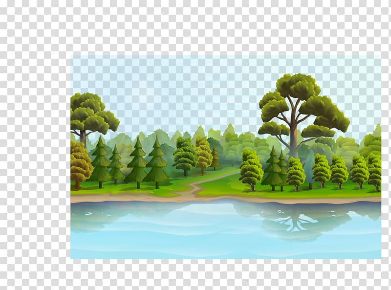 sun rays shining on forest beside body of water illustration, Landscape Euclidean , Beautiful lake transparent background PNG clipart