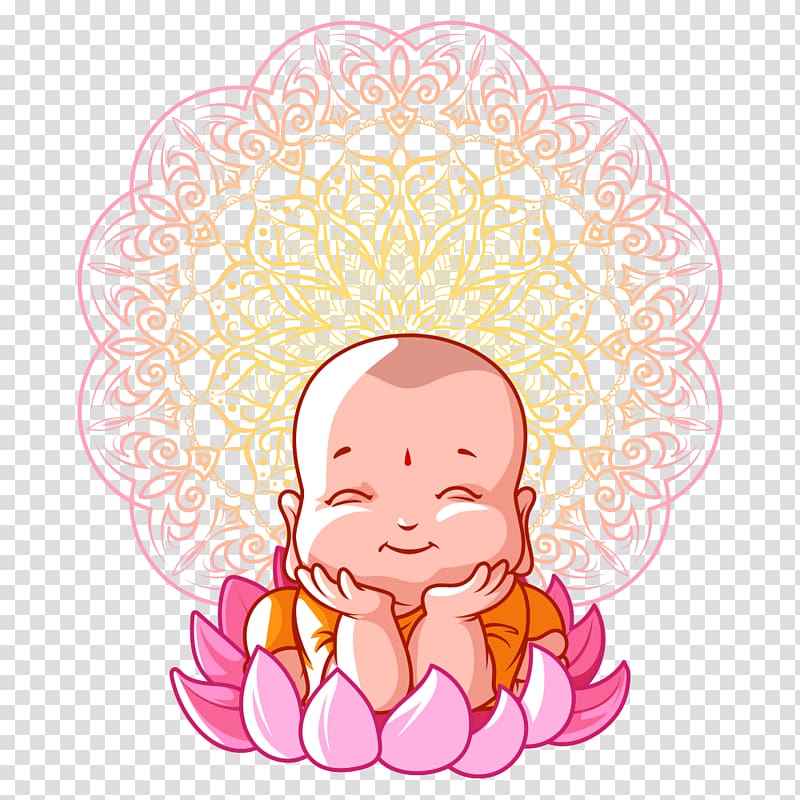 smiling baby monk on lotus flower with mandala background , Vesak Buddhas Birthday Buddhism Ku1e63itigarbha Illustration, Little Buddha transparent background PNG clipart