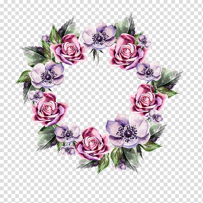 pink and purple rose and anemone wreath illustration, Flower Illustration, Red flower circle transparent background PNG clipart