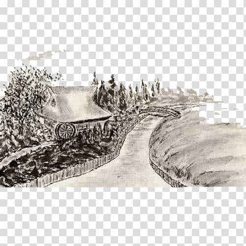 Ink wash painting illustration Illustration, Country road transparent background PNG clipart