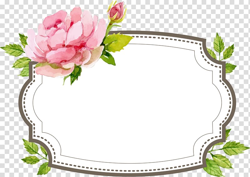 gray and pink floral frame, Label Flower, Sweet wedding style hand painted flower label stickers transparent background PNG clipart