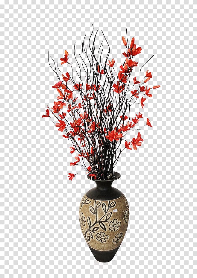 orange flowers and twigs in brown floral vase, Vase Flower Fundal, vase transparent background PNG clipart