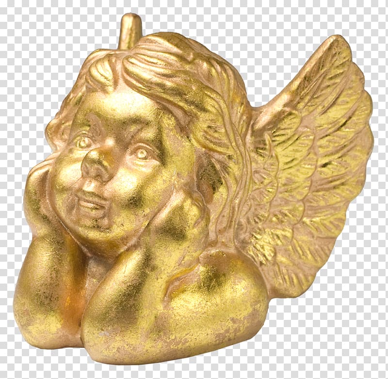 Gold Metal Angel, Gold metal sculpture of an angel child transparent background PNG clipart