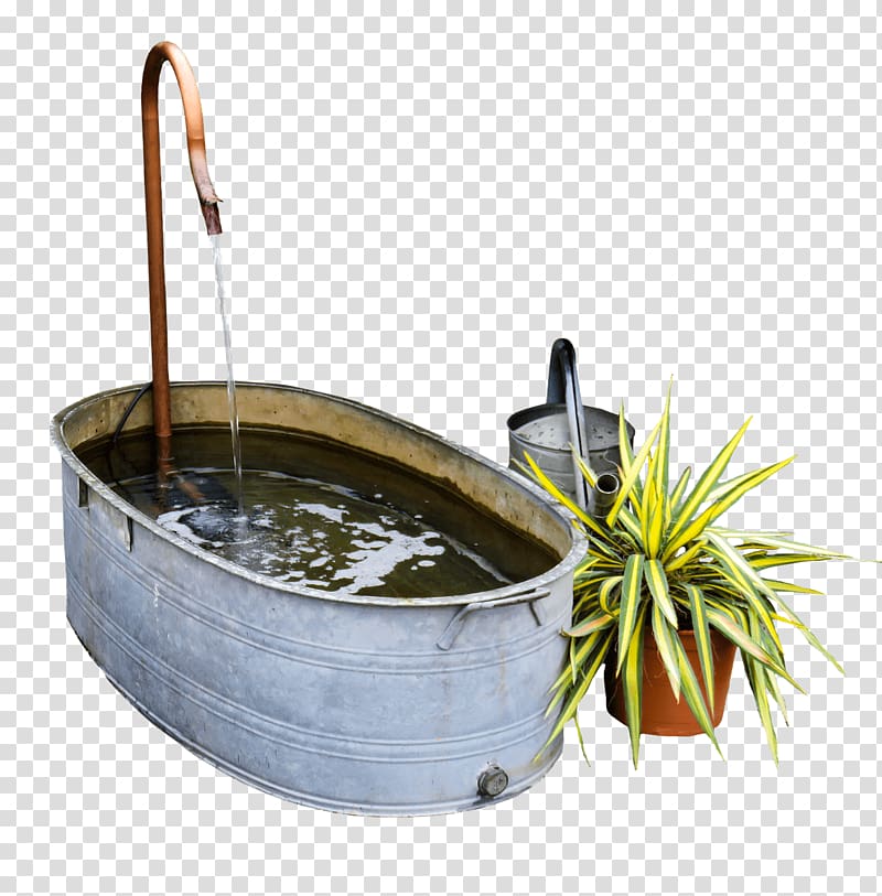 gray steel basin filled with water, Garden Decoration transparent background PNG clipart