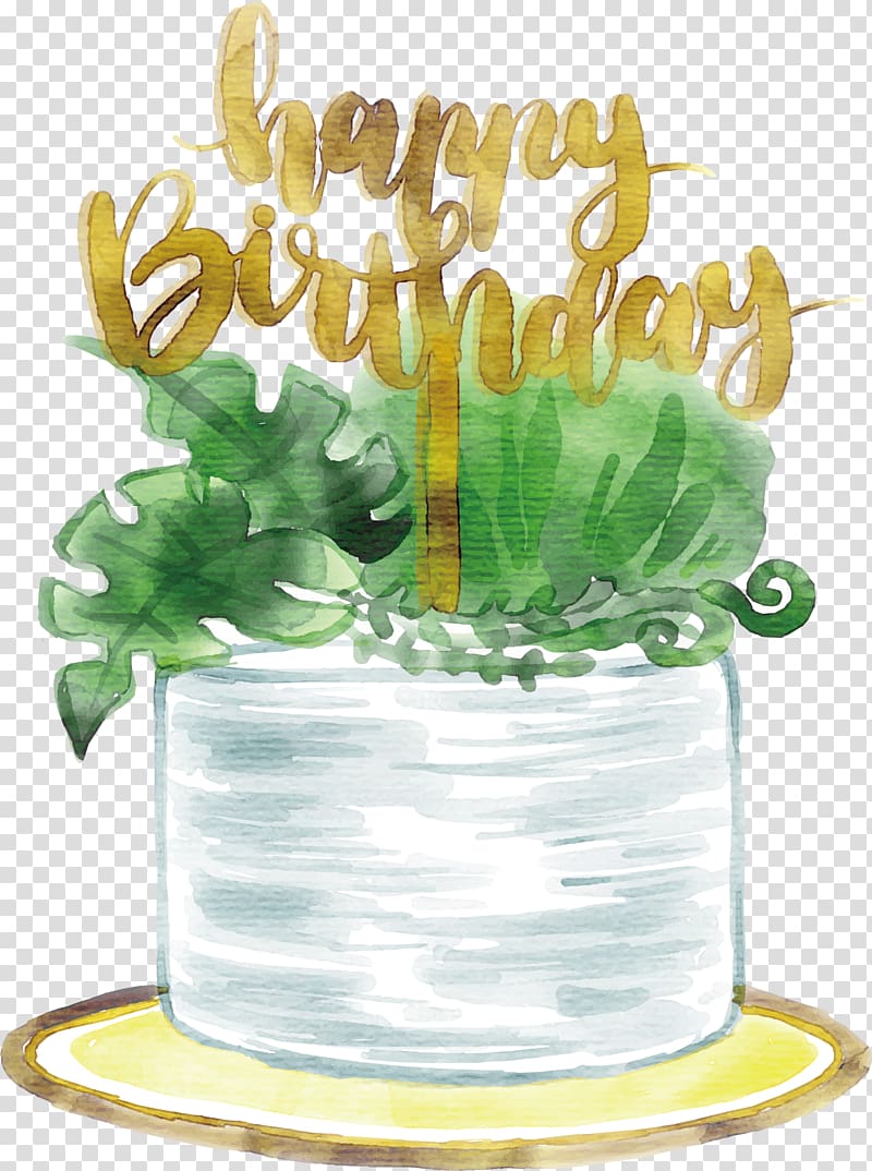 green leaves illustration with Happy Birthday text overlay, Birthday cake Computer file, Watercolor hand painted white birthday cake transparent background PNG clipart
