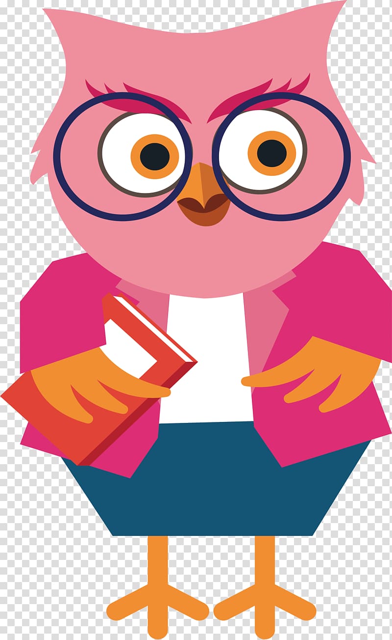 pink owl holding red book illustration, Owl Cartoon Teacher , Owl as a teacher transparent background PNG clipart