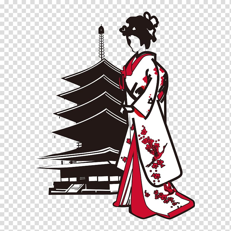 Geisha and padoda illustration, Japanese architecture Cartoon Illustration, Japanese culture,Japan transparent background PNG clipart
