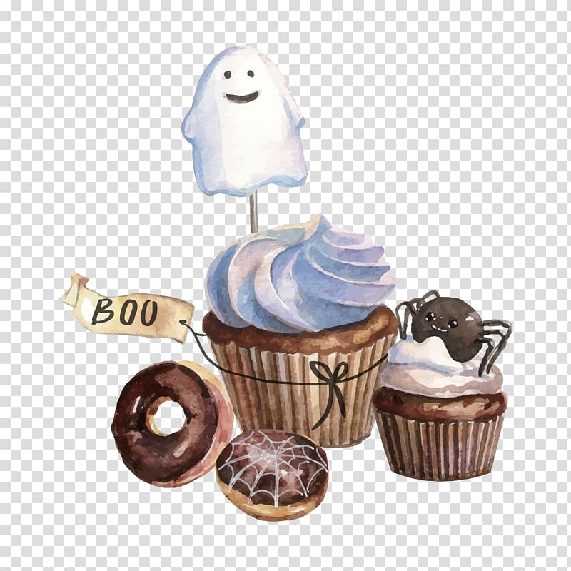 Cupcake Chocolate cake Cream Milk, Halloween Cupcakes transparent background PNG clipart