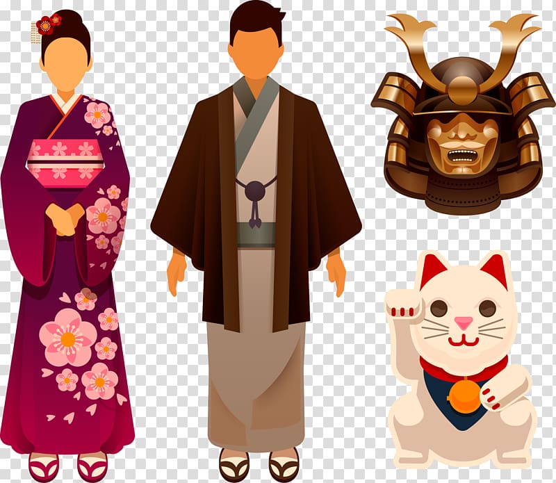 Japan Kimono Tradition, Japanese kimono material cartoon Lucky cats warrior transparent background PNG clipart