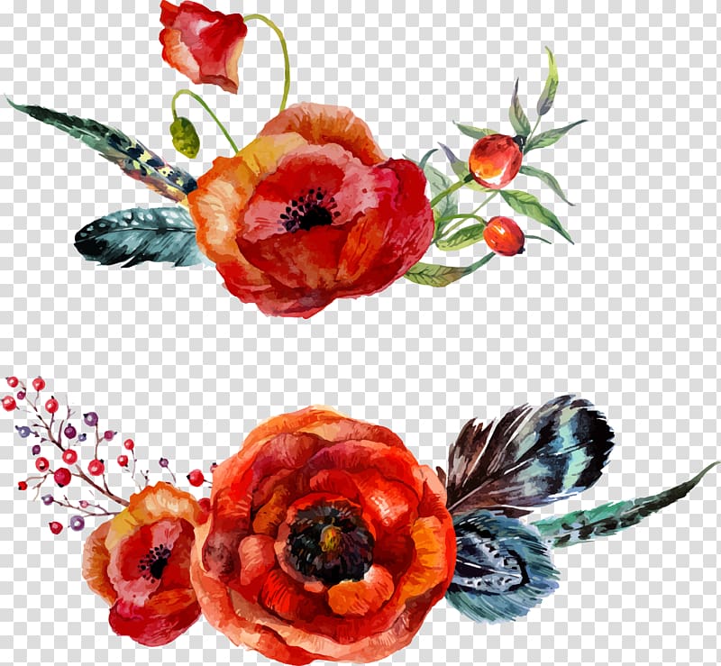 two red and orange flowers illustration, Watercolour Flowers Poppy Watercolor painting, Drawing floral feather transparent background PNG clipart