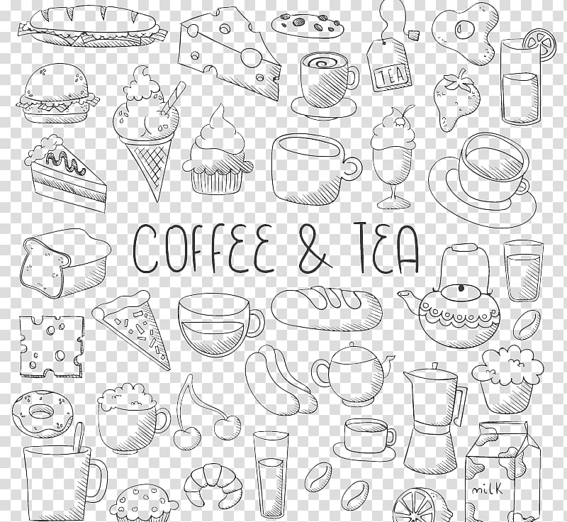 Paper White Line art Sketch, Coffee and dessert transparent background PNG clipart