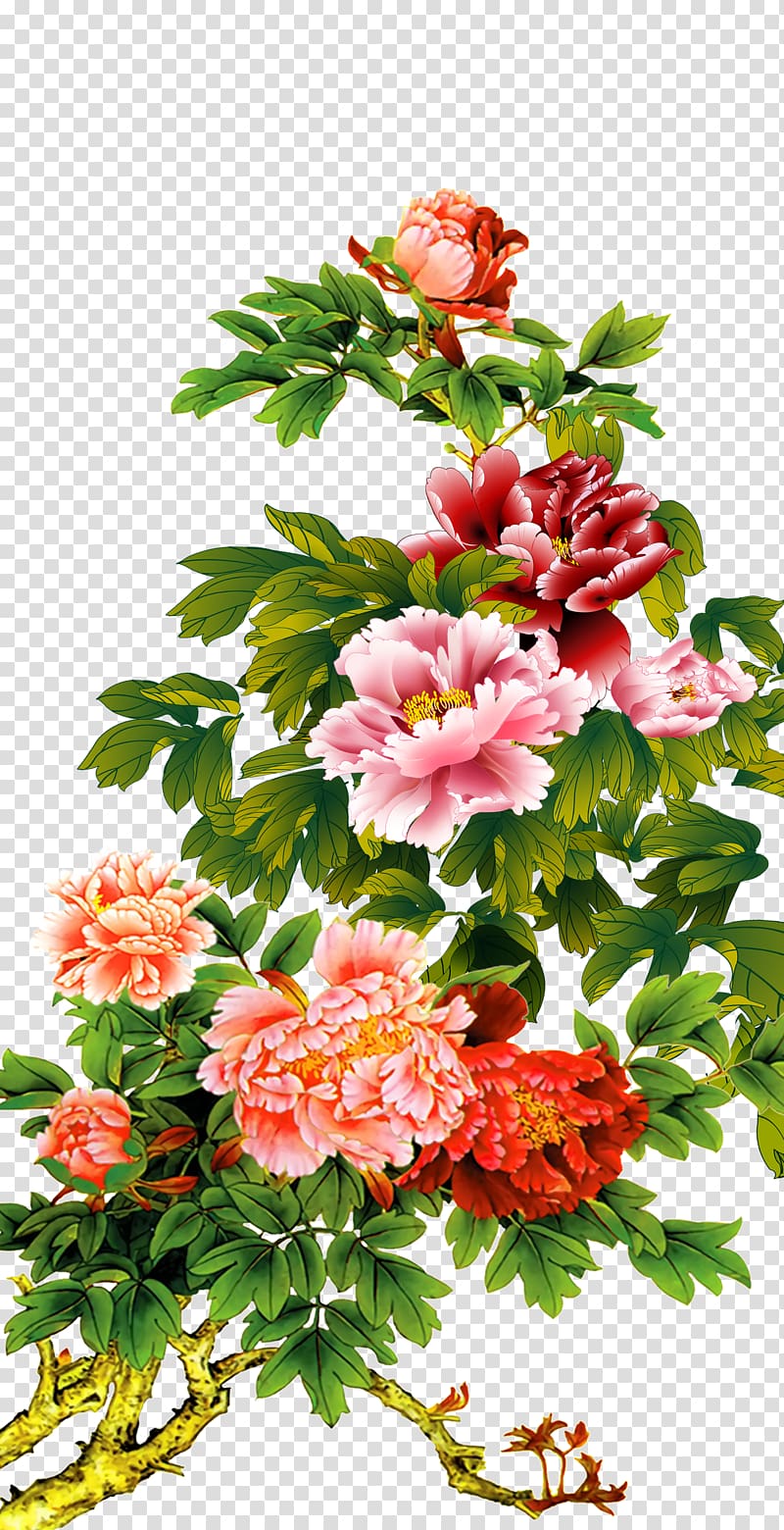 pink and red flowers illustration, Moutan peony Gongbi, peony transparent background PNG clipart