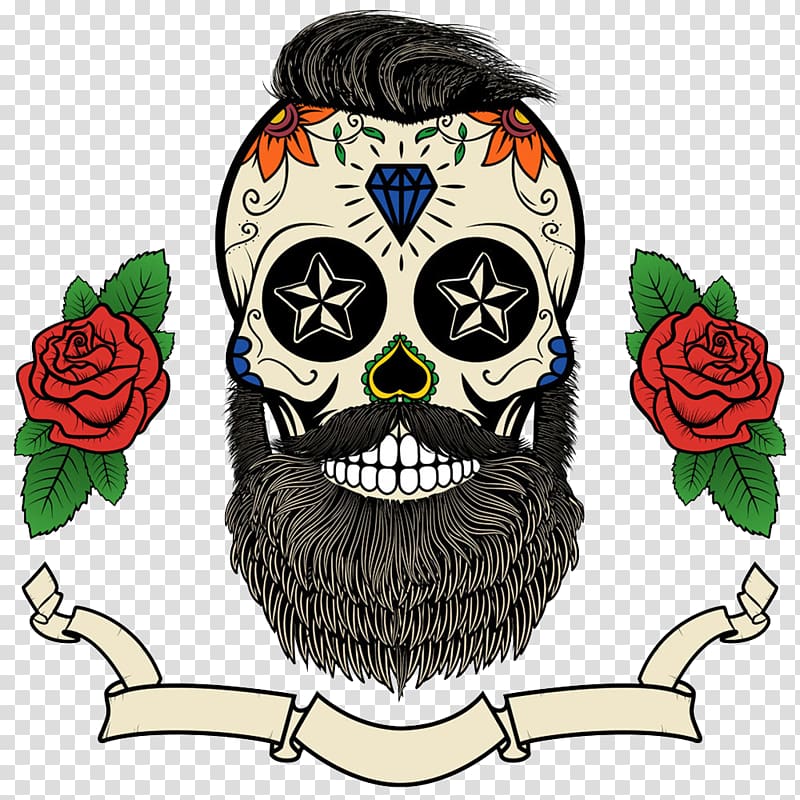 Calavera , Calavera Beard Skull Day of the Dead, Skull Tattoo Design transparent background PNG clipart