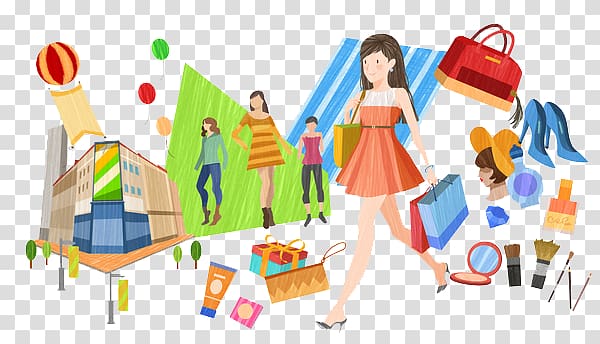 Cartoon Shopping Illustration, Cartoon Women Shopping transparent background PNG clipart