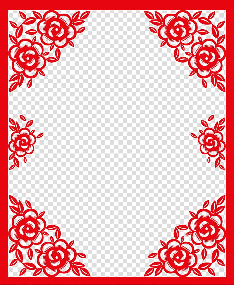 red petaled floral frame illustration, Red Chinese paper-cut style elements transparent background PNG clipart
