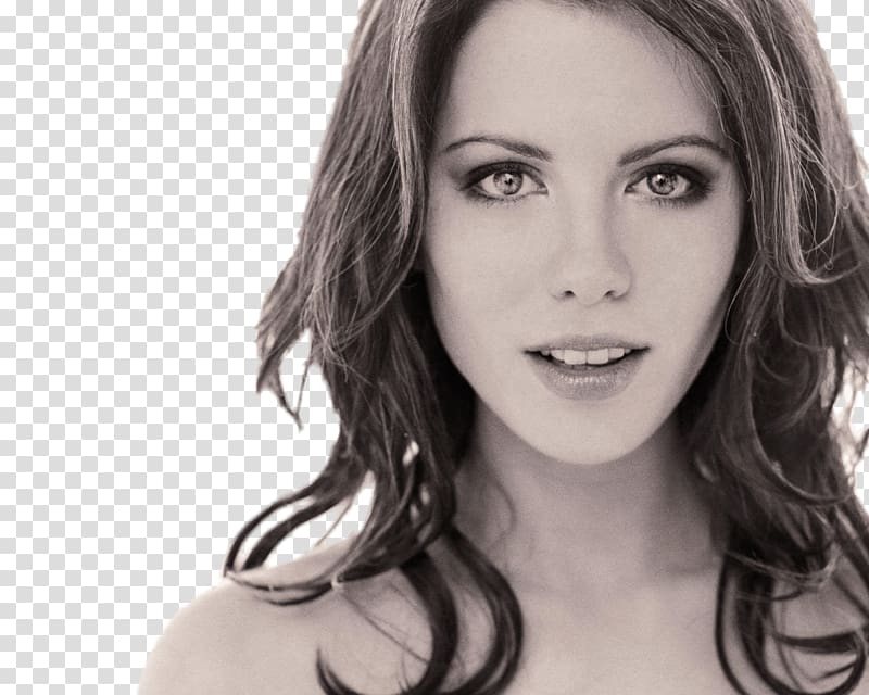 grayscale of woman smiling, Kate Beckinsale transparent background PNG clipart