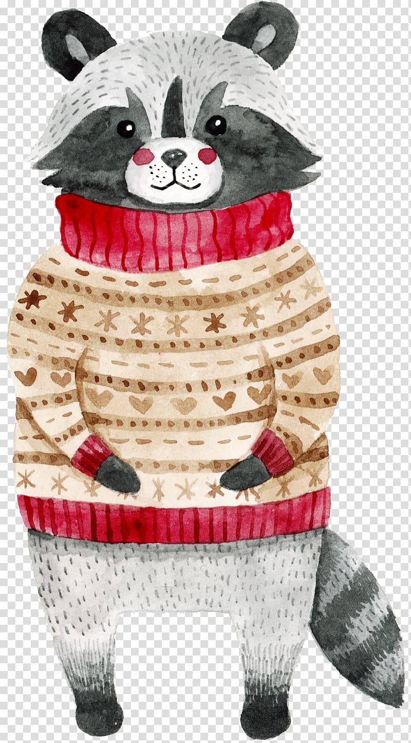 raccoon dressed with sweater , Watercolor painting Drawing Christmas Illustration, Sweater Raccoon material free to pull transparent background PNG clipart